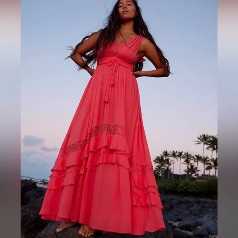 Free People Santa Maria Dress  Watermelon Wedge Maxi Ruffle Boho Romantic Small